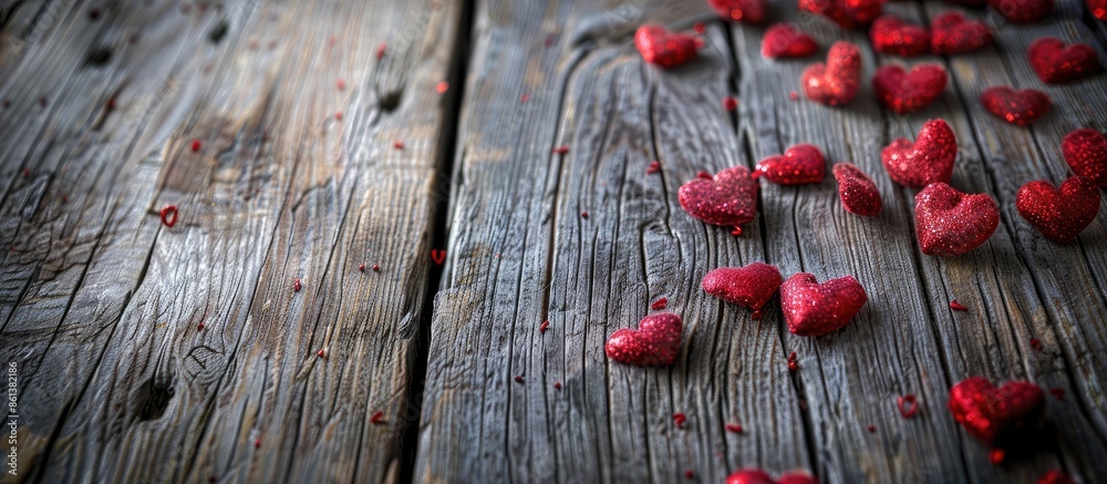 Vintage style Valentine's Day background with red hearts on a rustic ...
