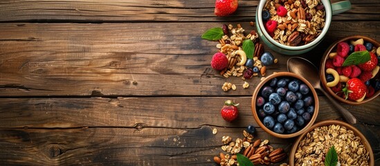 Poster - Granola with nuts and fruits displayed on wooden table from above, with ample copy space image.