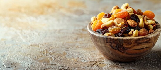 Poster - A wooden bowl full of mixed nuts, apricots, and raisins on a beige table. Ideal for a copy space image.