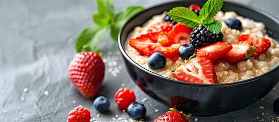 Poster - Healthy breakfast concept featuring oatmeal porridge with fresh berries and strawberries with a selective focus on a copy space image.