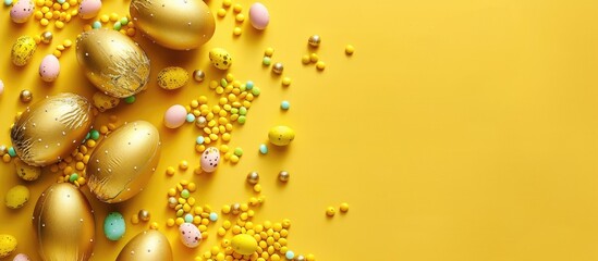 Aufkleber - Golden eggs and candy on a yellow background for an Easter theme with a top view flat lay, offering copy space image.