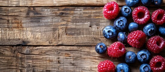 Poster - Top-down view of raspberries and blueberries on a rustic wooden backdrop, perfect for text placement in a copy space image.