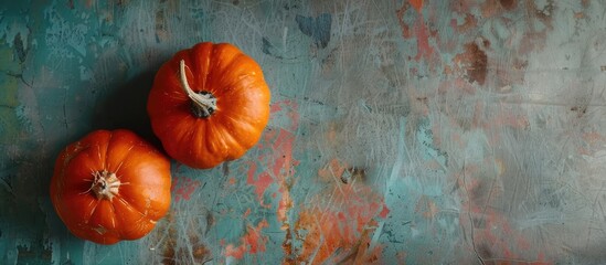 Poster - An overhead perspective showcasing two petite pumpkins displayed on a kitchen table, representing nutritious seasonal produce against a serene backdrop with copy space image.