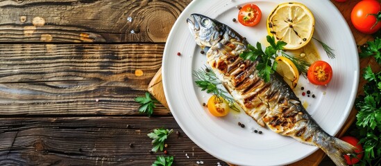 Poster - Georgian culinary theme: Mackerel Adzhar, a traditional dish served in a Georgian restaurant on a white plate placed on a wooden table, with a background suitable for copy space image.