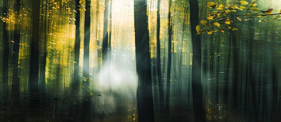 Leinwandbilder - Forest trees and leaves with sunlight create a dreamy blur. Captured in a forest, forming a captivating abstract nature backdrop, perfect for copy space image.
