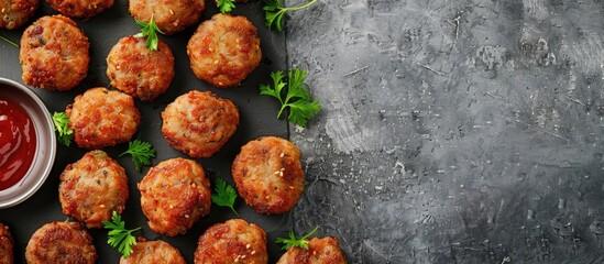 Aufkleber - Top view of fried meat cutlets arranged on a gray concrete surface with copy space for an image.