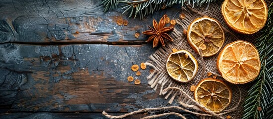 Poster - A healthy meal featuring a dried lemon slice as part of a food snack, arranged on a rustic table with a food background and copy space image in a top view.
