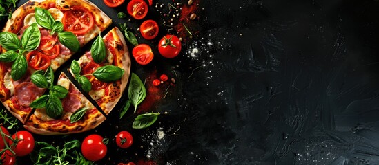 Poster - Italian pizza featuring Mozzarella, Ham, Tomatoes, pepper, Spices, and Fresh greens on a black background with a copy space image, viewed from the top for a banner display.