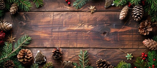 Poster - Wooden boards adorned with pine cones and decorations, viewed from the top, create a festive Christmas background ideal for greeting cards featuring copy space image.