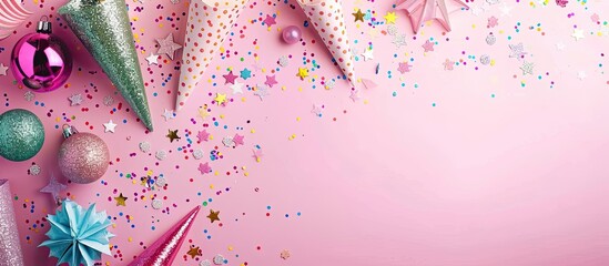 Poster - Pink background with party hats and festive decorations, providing copy space image.