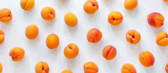 Poster - Top view of apricot fruits on white backdrop with available copy space image for text, arranged in a flat lay pattern.