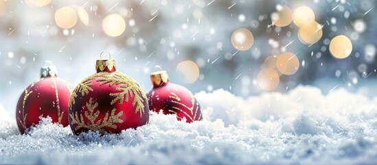 Wall Mural - Festive Christmas background featuring baubles on snow with available copy space image for text.