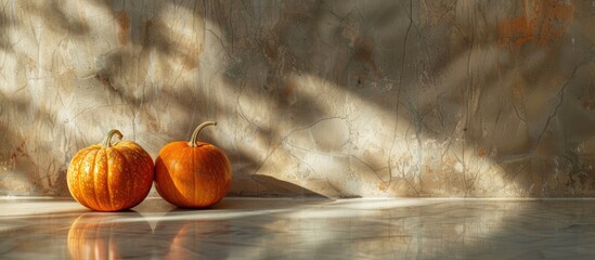 Sticker - An overhead perspective showcasing two petite pumpkins displayed on a kitchen table, representing nutritious seasonal produce against a serene backdrop with copy space image.