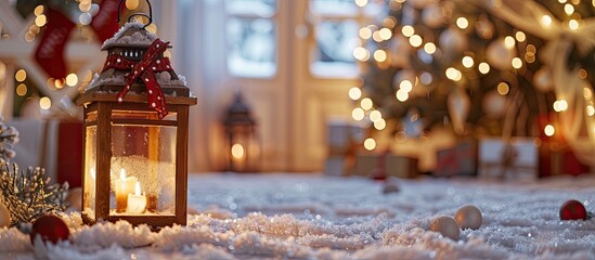 Poster - A festive scene featuring a wooden Christmas lantern set on snowy flooring in a decorated room, ideal for a copy space image.