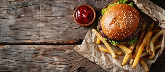 Poster - Top-down view of a mouth-watering burger featuring a beef patty, tomato sauce, and crispy fries, on a rustic wooden surface, with room for text in the image. copy space available