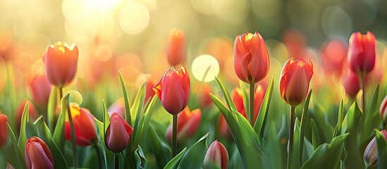 Aufkleber - Blooming tulip buds in a spring meadow create a vibrant floral backdrop with plenty of copy space image.