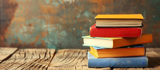 Aufkleber - Colorful books neatly stacked on a wooden table, creating an educational backdrop with a back-to-school theme, providing room for text next to them in the image. copy space available