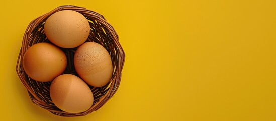 Poster - Fresh brown eggs in a basket, perfect for Easter, set against a yellow background with ample copy space image for a front-facing photograph.