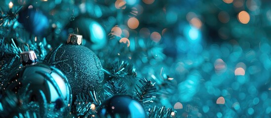 Poster - Turquoise ornaments like tinsel, balls, and garlands for New Year or Christmas, with a copy space image.