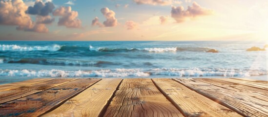 Aufkleber - A summer vacation-themed horizontal travel banner with a wooden tabletop as its main focus, featuring a serene beach and sea in the background for copy space image.