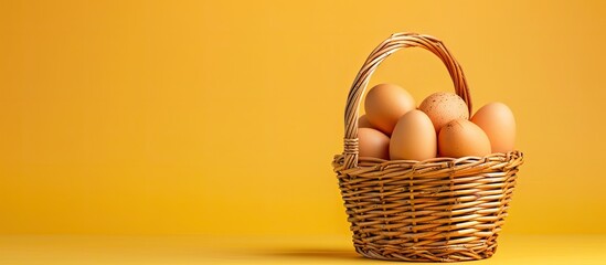 Poster - Fresh brown eggs in a basket, perfect for Easter, set against a yellow background with ample copy space image for a front-facing photograph.