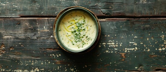 Wall Mural - From above, a creamy broccoli soup in a green bowl sits on a rustic table, with a backdrop suitable for added elements in the frame, such as a copy space image.