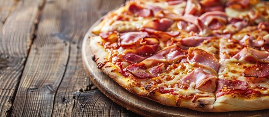 Poster - Delicious pizza topped with ham and bacon on a rustic wooden table with a copy space image.