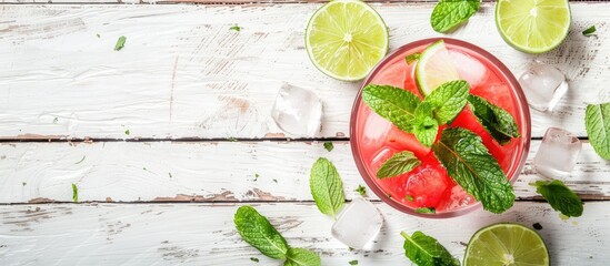 Poster - Refreshing summer beverage made with watermelon, mint, and lime on a rustic white wood surface, offering room for a message in the copy space image.