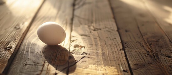 Poster - A single white egg, set alone on a wooden table with sunlight, showcasing a copy space image.