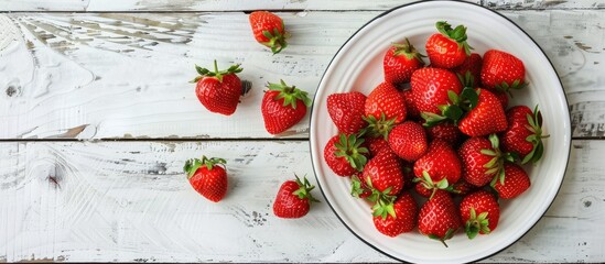 Aufkleber - A stylish plate with delicious fresh strawberries atop a white wooden backdrop, captured from above with a copy space image.