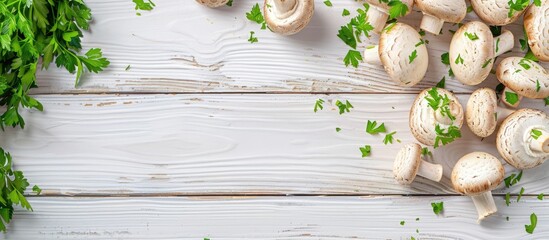 Flat lay composition with a variety of mushrooms, parsley, on a white wooden surface. The setup provides room for text in the copy space image.