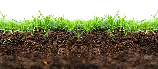 Background with short green grass and brown earth provides copy space image.