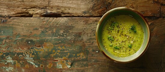 Poster - From above, a creamy broccoli soup in a green bowl sits on a rustic table, with a backdrop suitable for added elements in the frame, such as a copy space image.