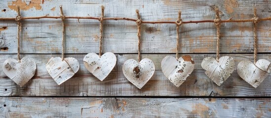 Aufkleber - Birch bark hearts hanging on a vintage wooden backdrop, with copy space image.