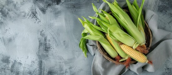 Poster - Basket sieve plate with fresh baby corn in husk and red silk on a gray table with copy space image.