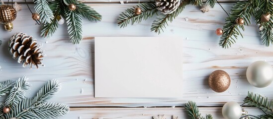 Poster - A white card is displayed against a backdrop of fir branches with cones and Christmas ornaments on a white wooden surface in a mock-up with copy space image.