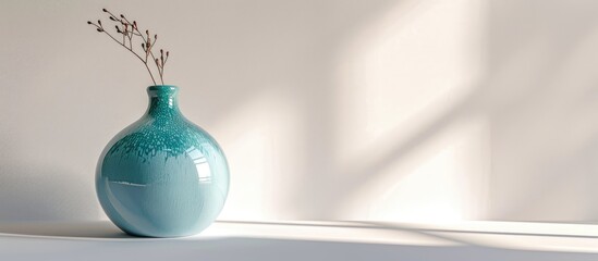 Poster - A close-up of a stylish interior mockup featuring a turquoise pomegranate-shaped vase on a white background with ample copy space image.