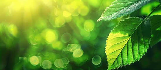 Leinwandbilder - A lovely close-up of a vibrant green leaf against a blurred green backdrop with sunlight, ideal as a natural ecology summer background and fresh wallpaper, featuring copy space image.