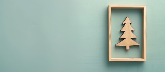 Aufkleber - A flat lay image featuring a wooden Christmas tree inside a picture frame, offering room for text with a copy space image.