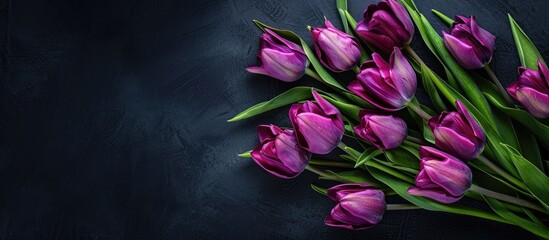 Poster - Purple tulip bouquet for Women's and Mother's Day, versatile floral arrangement. Ideal for greetings, with space for a close-up top view photo to use as a background. copy space available