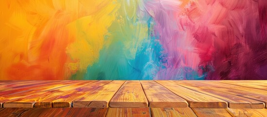Aufkleber - A plain wooden table set against a vibrant backdrop, ideal for designing, with space for placing images. copy space available