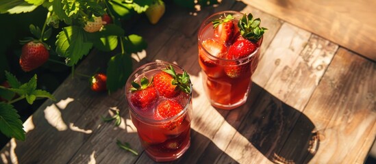 Poster - Copy space image of strawberry smoothie served in two glasses, garnished with fresh strawberries, on a wooden table outdoors