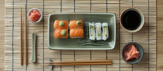 Poster - An arrangement of sushi tableware including a rectangular plate, saucer, ginger, wasabi, and chopsticks on a bamboo mat, suitable for a flat lay with space for addition of image elements
