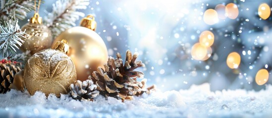 Poster - Snowy background with gold ornaments, pinecones, and copy space image for Christmas decoration concept.
