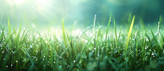 Canvas Print - Morning dew sparkles on grass, creating a picturesque scene with copy space image.