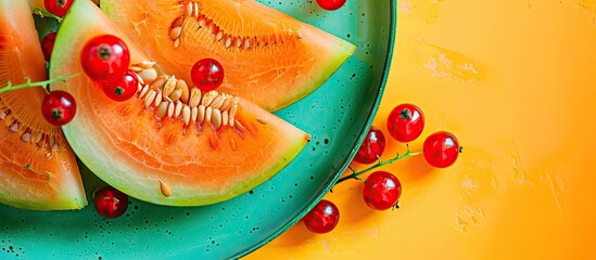 Poster - Melon slices with copy space image on yellow, skin melon on a green plate, rowan berries on a colorful background - images of vegetarian and healthy lifestyle with a touch of Pop Art.