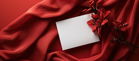 Poster - Red cloth with a greeting paper card on it, providing a copy space image.