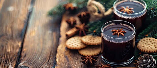 Poster - Close-up image of a delicious mulled wine and cookie on a wooden table with copy space image available for text.