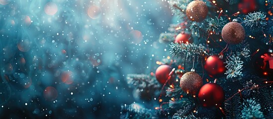 Poster - A close-up image featuring a Christmas tree adorned with balls, set against a blurred backdrop of bokeh garlands, creating a festive New Year concept with copy space image.