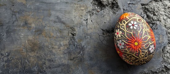 Poster - Easter egg-shaped handmade magnet on dark gray concrete with Ukrainian symbols for a holiday card with available copy space image.